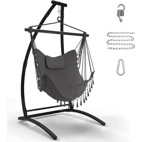 Fauteuil suspendu de type C avec support, cadre de hamac noir et balançoire suspendue grise, balançoire en tissu avec coussins confortables, fauteuil suspendu pour extérieur, balcon, terrasse (1/5)
