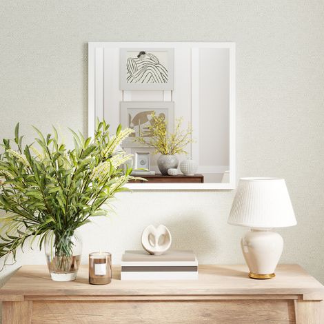 Miroir carré à fixer au mur 50x50 cm, cadre en bois blanc, idéal pour salle de bain, séjour ou chambre
