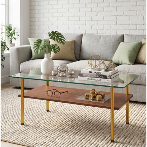 Rechteckiger Couchtisch 97,7 x 57,7 x 45 cm aus Sicherheitsglas, MDF und Metall, braun-gold HAVRYA (1/5)