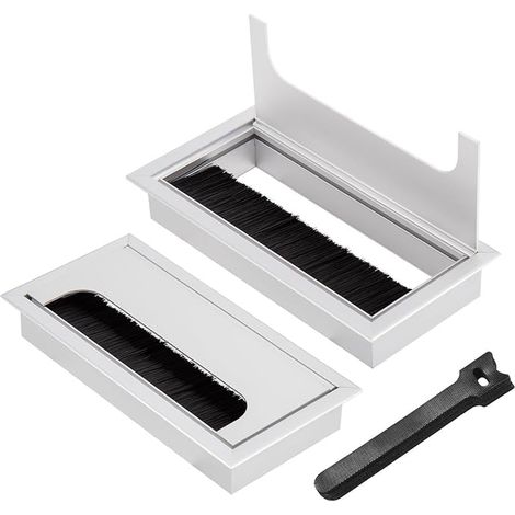 Passe Cables Encastrables Bureau, Sortie de Câble pour Encastrer sur Table de Bureau, Organisateur de Cables, avec Joint Brosse, Serre-câbles (Argent, 160x80mm) (1/4)