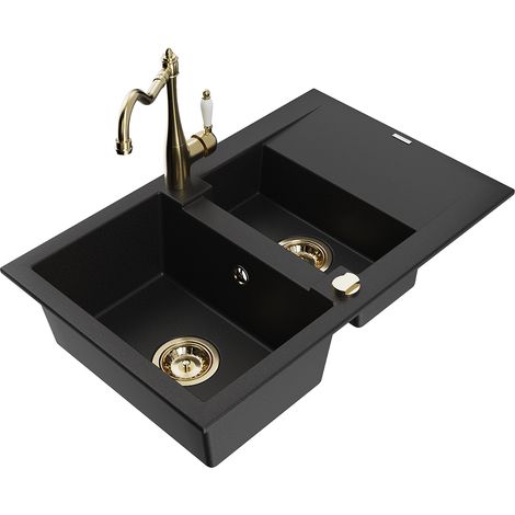 Mexen Gaspar évier en granit 1,5 cuve avec égouttoir et robinet de cuisine Carla, noir - 6507-77-670700-50 (1/5)
