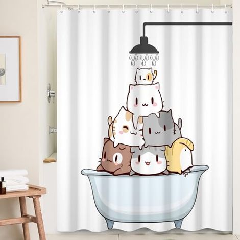 180x200cm Mignon Chat Rideau de Douche - Dessin Animé Chat dans Baignoire - Étanche Drôle Animal Animaux de Compagnie Rideau de Bain Lavable (1/4)