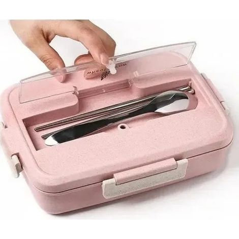 Sichere und praktische Lunchbox mit großem Fassungsvermögen, Gitterdesign, wärmeisolierend, 1000 ml, inklusive Löffel und Essstäbchen, rosa (1/5)
