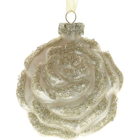 Kaemingk – Boule de Noël fleur de rose – Beige à paillettes dorées, verre, 8 cm