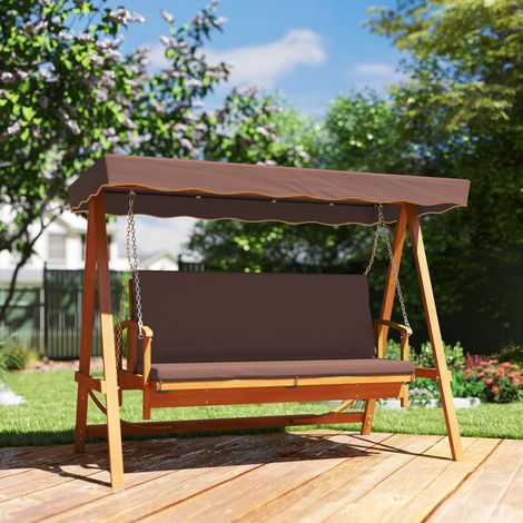Balançoire Hollywood baldaquin solaire jardin bois réel banc inclinable 3 personnes, marron (1/5)