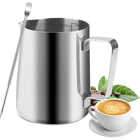 1 Pichet Lait 350 Ml Acier Inoxydable, Mesure Intérieure, Stylo Latte Art Inclus, Pour Cappuccino Et Expresso (1/5)
