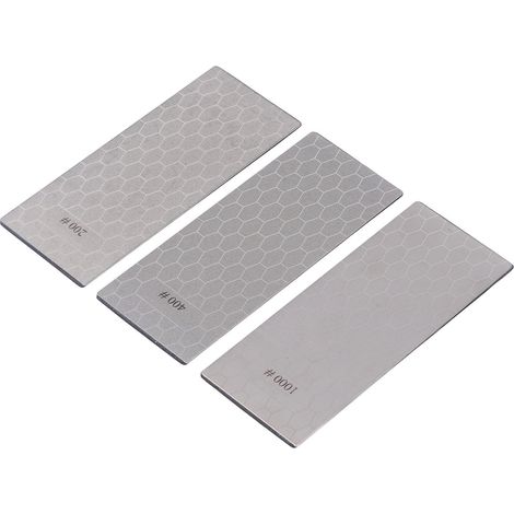 Lot de 3 pierres à aiguiser avec base antidérapante, grains 200, 400 et 1000, pour la cuisine et l'extérieur. (1/5)