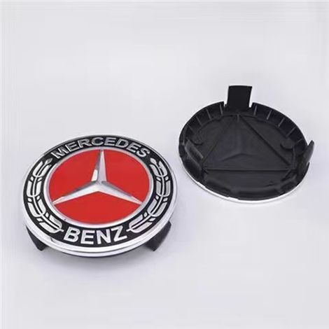 Satz mit 4 Radkappen (75 mm) für Mercedes C-, E-, GLK-, GLC-, CLS-, ML- und ABR-Modelle, rotes Weizenähren-Logo, 4 Stück, rot (1/4)