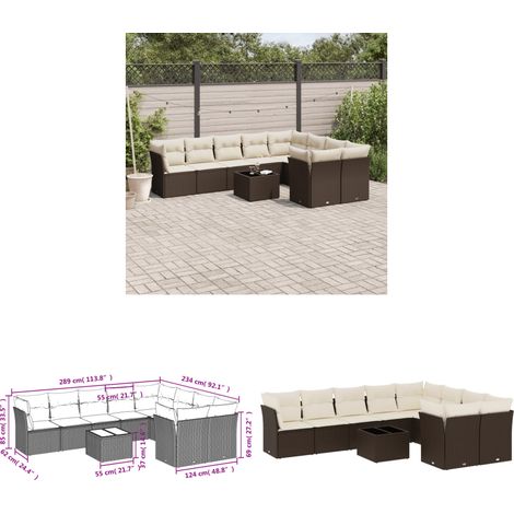 vidaXL Salon de jardin 10 pcs avec coussins marron résine tressée
