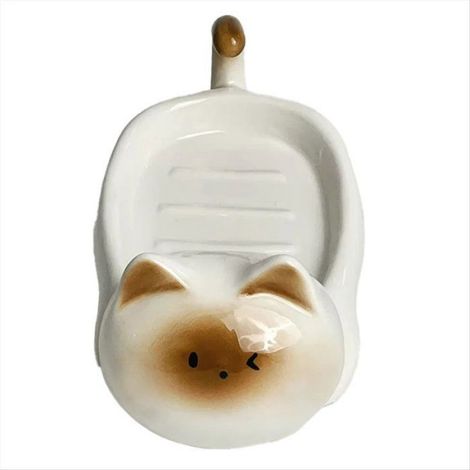 1 Porte-savon,Céramique,Chat Siamois,Sans Perforation,Drainage,Efficace,Salle de Bain (1/4)