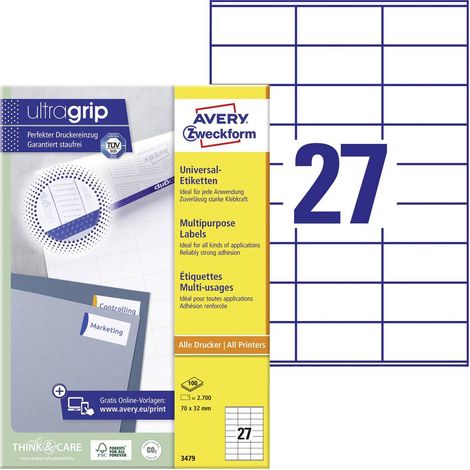 Avery-Zweckform 3479 Etichetta universale 70 x 32 mm Carta Bianco 2700 pz. A tenuta permanente Stampante laser a colori (1/5)