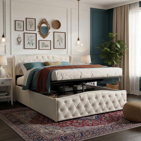 Lit  double coffre 140x200 – Lit adulte avec rangement, Tête de Lit à Motif Losange, Sommier à Lattes Inclus – Lin, Beige (1/5)
