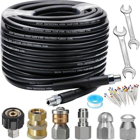 Kit de débouchage de canalisations à jet d'eau de 30 m pour nettoyeur haute pression, tuyau de débouchage de 5800 PSI, raccord d'angle rotatif et à bouton 1/4 po NPT. (1/5)