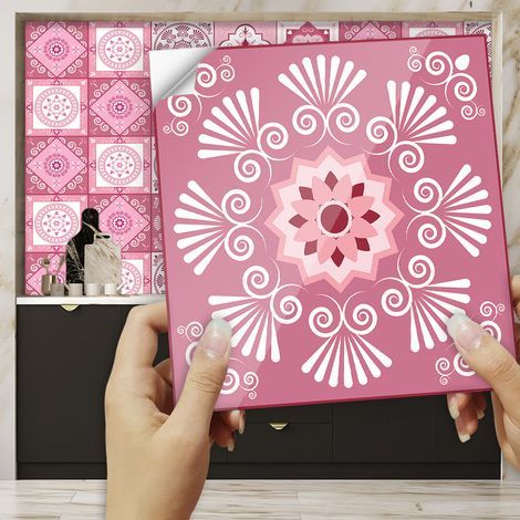 10 PCS Papier Peint Carrelage Autocollant Rose Romantique 10 x 10 cm Style Mosaïque Sticker Mural Film Décoratif Imperméable pour Carreaux de Mur de Salle de Bains et de Cuisine