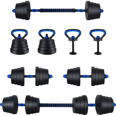 Set de Mancuernas, Barra y Kettlebell 4 en 1 30 kg Negro y azul vidaXL