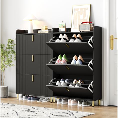 Meuble à chaussures en MDF noir mat avec base et poignées dorées, 80 x 23 x 123,5 cm, tablettes centrales réglables (1/5)