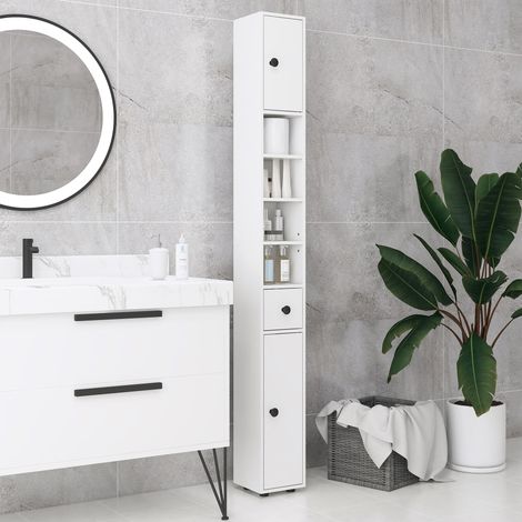 Mobile contenitore moderno per bagno con 1 cassetto, 5 ripiani e 2 ante, ideale per soggiorno e camera da letto, portata massima 30 kg, dimensioni 20x20x180 cm, colore bianco.
