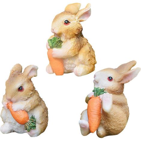 Lot de 3 mini lapins décoratifs en résine pour micro-paysage (lapin brun mangeant une carotte, lapin brun tirant une carotte, lapin tenant une carotte)-M-Brown (1/2)