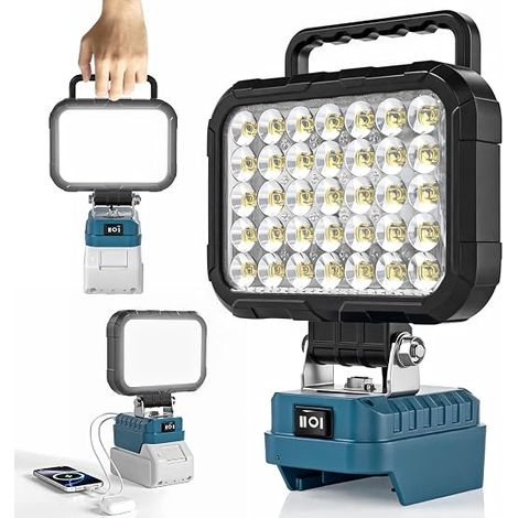 Lampe de Travail LED compatible avec 18 V, Projecteur de Chantier sans Fil 35 LED, Tête Orientable à 145°, 2 Ports USB-A, pour Atelier, Camping et Urgence, sans Batterie (1/5)