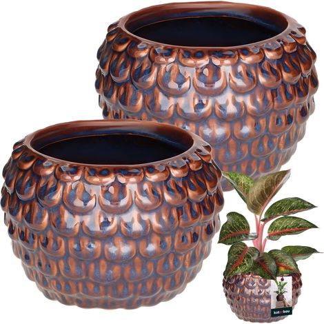 KOTARBAU® Lot de 2 pots de fleurs artistiques de 17 cm, couvercle marron, céramique vintage à éclats, fabriqués artisanalement.