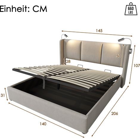 Letto Contenitore 140 x 200 cm, Letto Matrimoniale con USB, Luce da Lettura e Vano, senza Materasso (1/4)