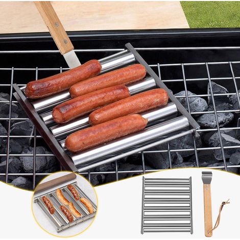 Hot Dog Roller - Stainless Steel Sausage Roller Rack - For Charcoal Gas Grill - 5-Section Brat Griller - With Wooden Handle - 1 Unit (1/5)