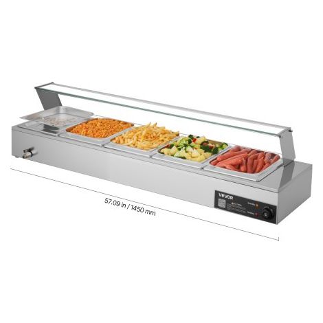 Chauffe-plat Électrique à Vapeur 1500 W,Buffet Chauffant en Inox,Bain-marie de Comptoir,avec 5 Bacs Gastros de 1/2 et Capot en Verre,pour Servir Buffet en Libre-Service Restauration (1/3)
