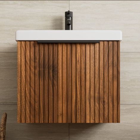 Fluted 500mm Bathroom Vanity Unit Basin Wall Hung Cupboard Soft Close Walnut (1/5)