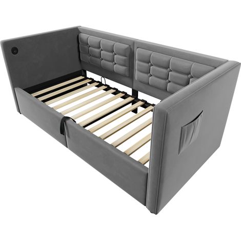 Sofá cama 90x190 cm de terciopelo gris con almacenaje y puertos USB Tipo-C, sin colchón (1/5)