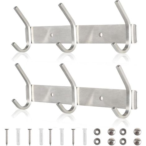 Lot de 2 porte-manteaux muraux argentés avec 3 crochets en acier inoxydable, charge maximale 30 kg, pour salle de bain, couloir, cuisine, jardin, vestes, serviettes, style moderne.