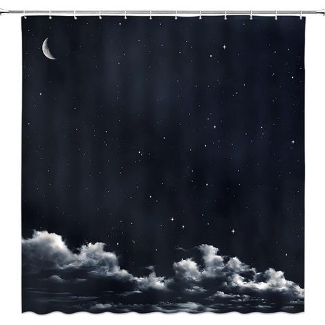 Rideau de douche à motif lunaire, orné d'un ciel nocturne, de nébuleuses, d'étoiles et d'un croissant de lune scintillant, en tissu polyester et comprenant des crochets (36 pouces de large x 70 pouces (1/3)