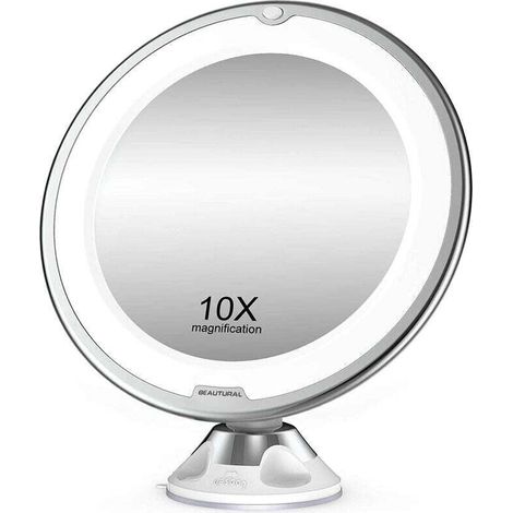 Grossissant Miroir Maquillage 10x avec Lumières LED 1 Joint à Bille d'attache Ajustable à 360° Miroir Cosmétique Portable, pour Salle de Bain, Voyage,de (1/4)
