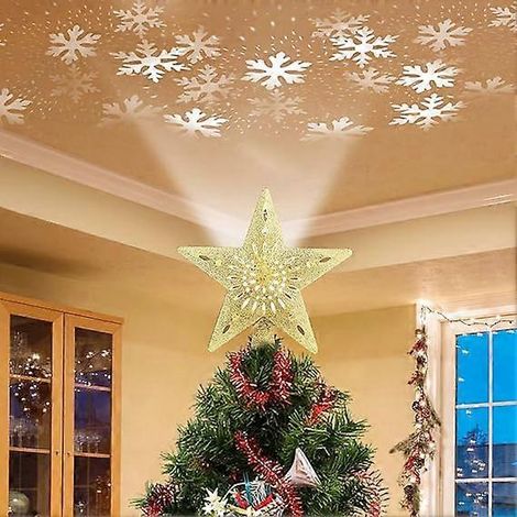 Beleuchteter Weihnachtsbaumstern [Gold], 3D-Hohlstern mit Funkeln und rotierendem, magischem, kaltweißem Schneeflockenprojektor für Weihnachten (1/5)