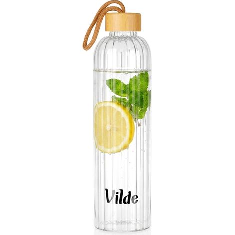 Glass Water Bottle, 1L Borosilicate with Bamboo Lid (1/5)