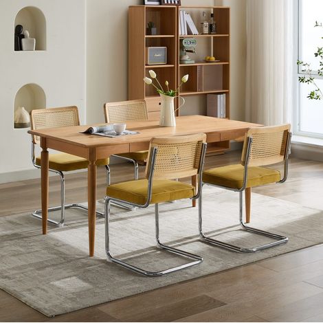 Silla cantilever de terciopelo dorado con respaldo de ratán trenzado,59×47×81cm (1/5)