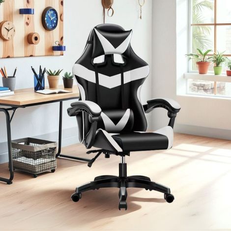 Gaming Bürostuhl mit hohem Rücken und schwarzer PVC-Polsterung mit weißen Details
