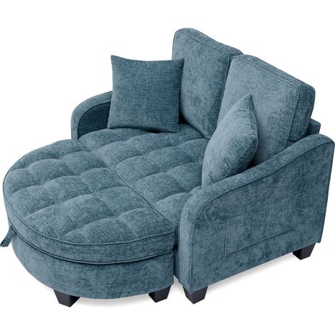 Divano letto 2 in 1 blu con pouf contenitore in eucalipto e tessuto traspirante MODENUIT (1/5)