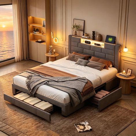 Lit 140x200 cm – Lit adulte - Velours – Tiroirs – LED – Port USB – Tête de lit rembourrée – Sommier lattes – Design moderne (1/5)