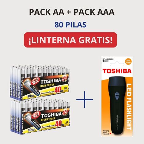 PROMO PACK AA + AAA ALCALINA TOSHIBA 80 PILAS - LINTERNA NEGRA DE REGALO
