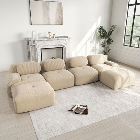 Canapé Modulable 388x178x75cm Beige Velours Côtelé Sans Montage - Canapé Composable - Forme U 4 Places Ergonomique Mousse 32D (1/5)