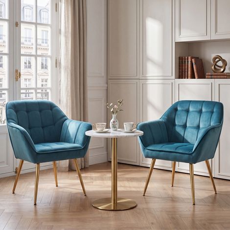 Wahson Fauteuil en Velours, Fauteuil Salon Moderne Lot de 2 Fauteuil Scandinave avec Pied Doré Fauteul Rembourré pour Chambre, Bleu