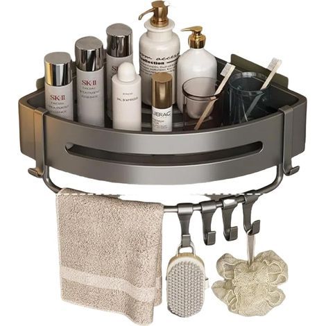 Corner Shower Shelf Without Drilling, Corner Bathroom Shelf with Towel Rail and Self-Adhesive Hooks, Bathroom Storage and Organization, Shower Gel Holder (Grey) (1/3)