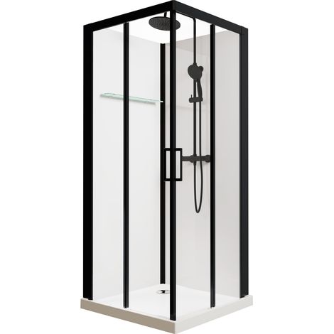 KINEDO - Cabine de Douche Intégrale Brooklyn Black - Verre/Aluminium/Acrylique - Portes Coulissantes - Livrée Avec Robinetterie Noire - Fabriquée en France - 90 x 90 cm - Blanc et profilés noirs (1/5)