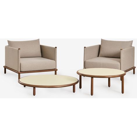 SKLUM Gartenset mit 2 Sesseln und 2 runden Couchtischen aus Olivia-Akazienholz Beige Semoline Braun Dark