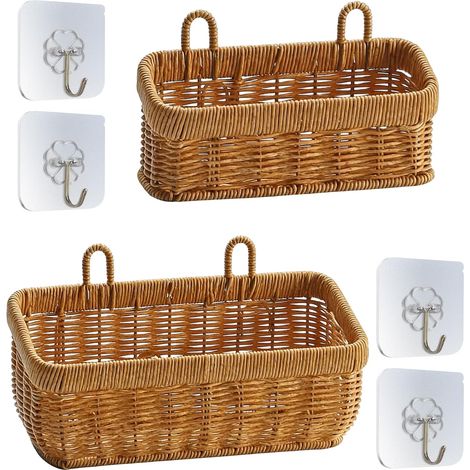 2 Pièces Paniers Pour Étagères, Paniers De Bain Suspendus, Panier De Rangement, Panier Suspendu Vintage, Plateaux De Salle De Bain, Boîte De Rangement Décorative, Pour La Maison Et La Cuisine, Brun (1/5)