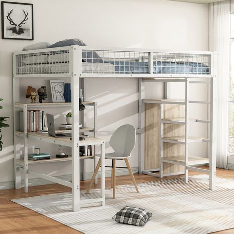 Cama alta 140x200 cm blanca de metal y MDF con escritorio, armario y estantes (1/5)