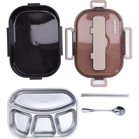 Boîte-repas isotherme en acier inox 4 compartiments séparés pour bureau école enfant noir (1/5)