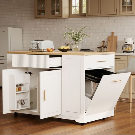 MEUBLIV isola da cucina 120x50x92 cm bianca con ruote, 3 cassetti, senza pattumiera (1/5)