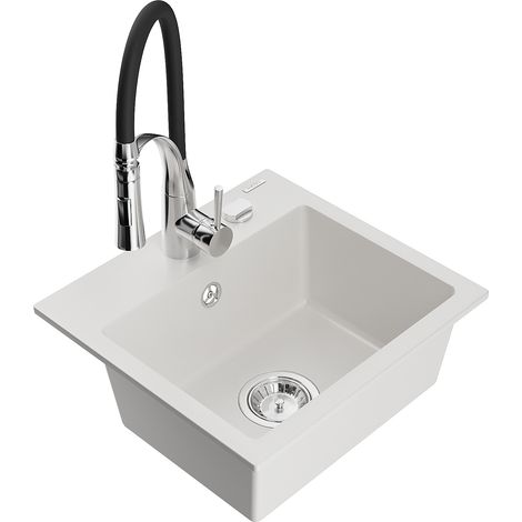 Mexen Milo fregadero de granito de 1 cubeta con grifo de cocina Aster, blanco - 6505-20-73450-07 (1/5)