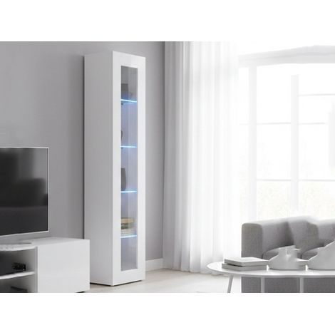 Dmora - Vetrina Aristotele, Credenza con ripiani in vetro, Mobile da soggiorno multiuso con luce LED, 100% Made in Italy, cm 40x30h180, Bianco lucido (1/5)